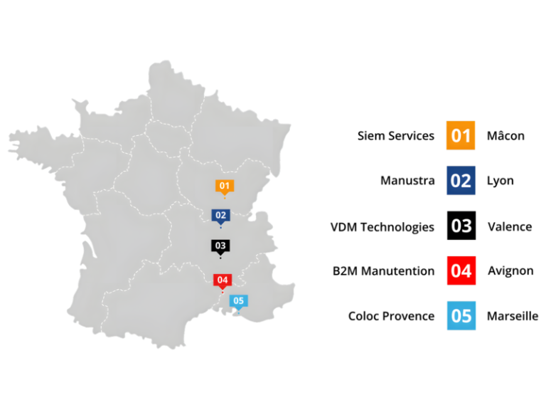 Carte de France avec l'implantation des entreprises de manutention du groupe Galilé